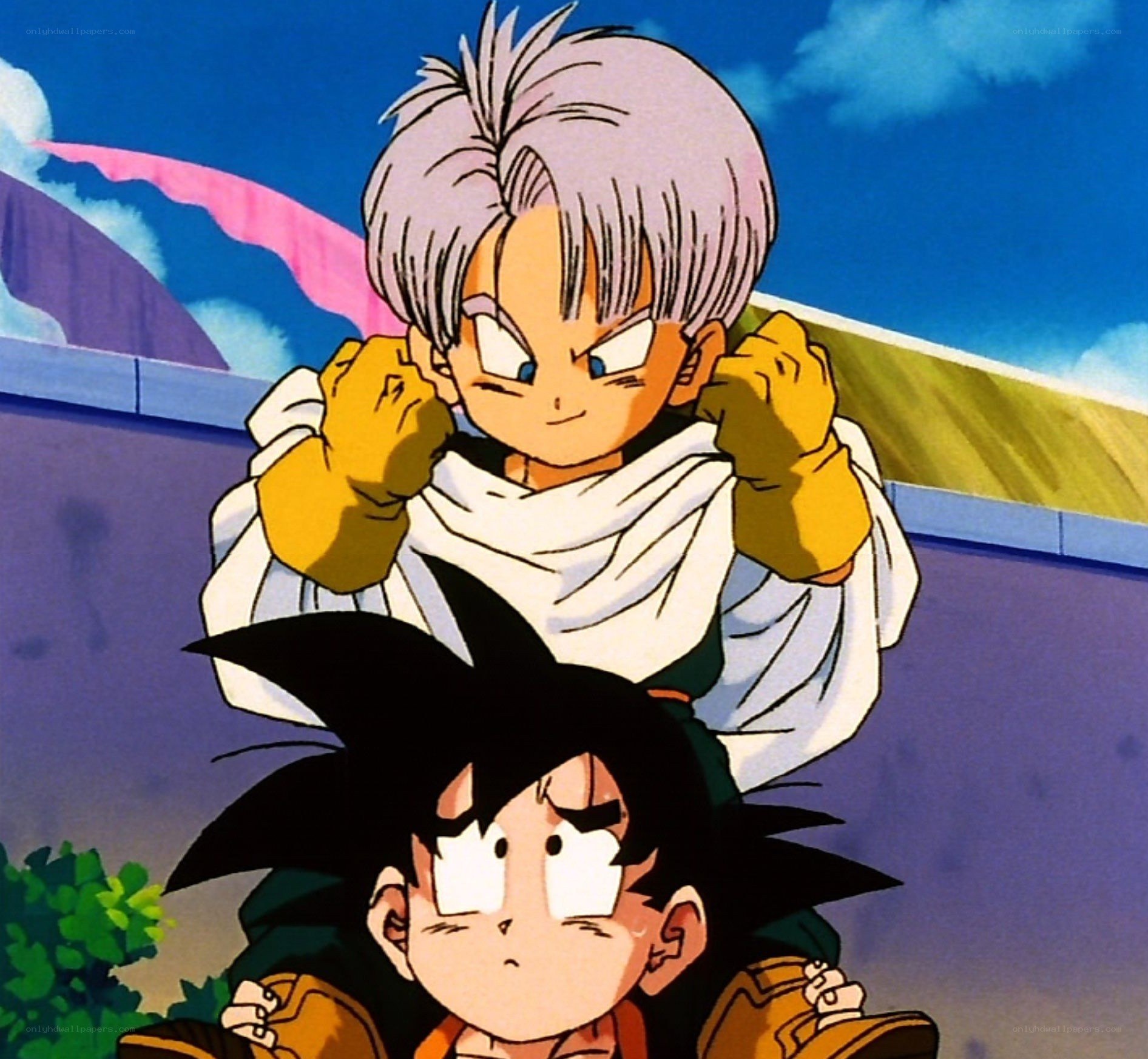 Goku and Trunks on a rooftop