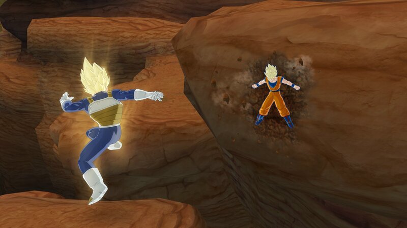 Goku and Vegeta battle in a canyon