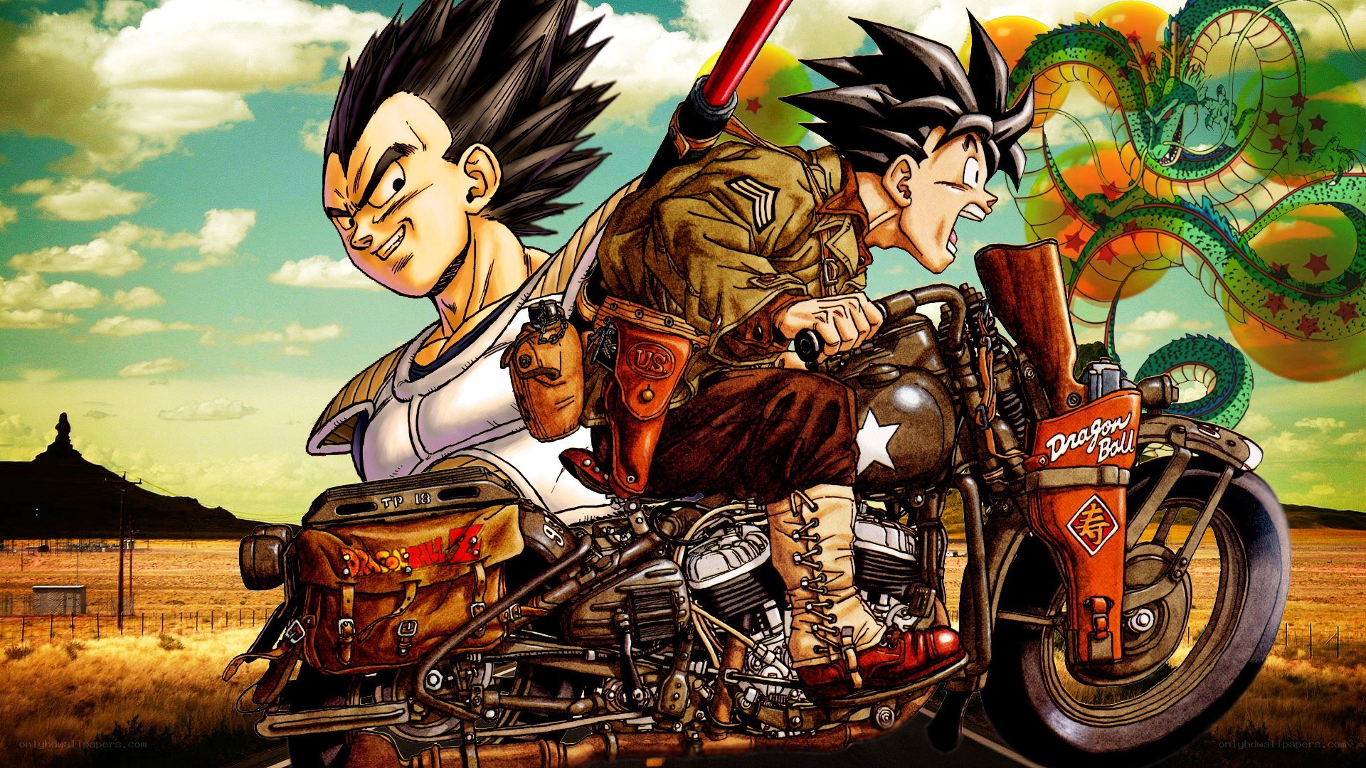 Goku and Vegeta on a motorcycle