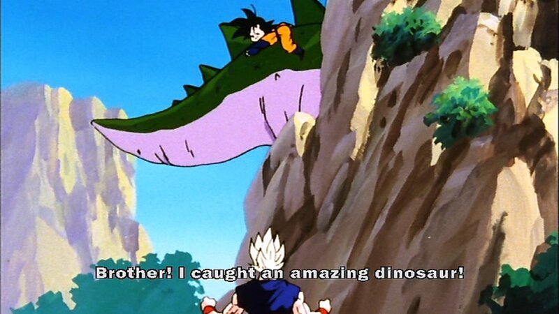Goku catches a dinosaur