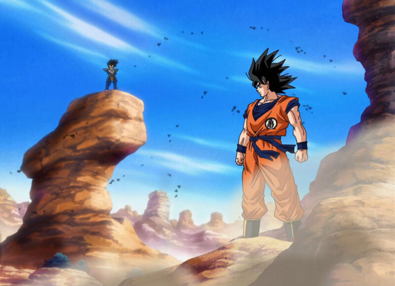 Goku confronts Vegeta on a rocky planet