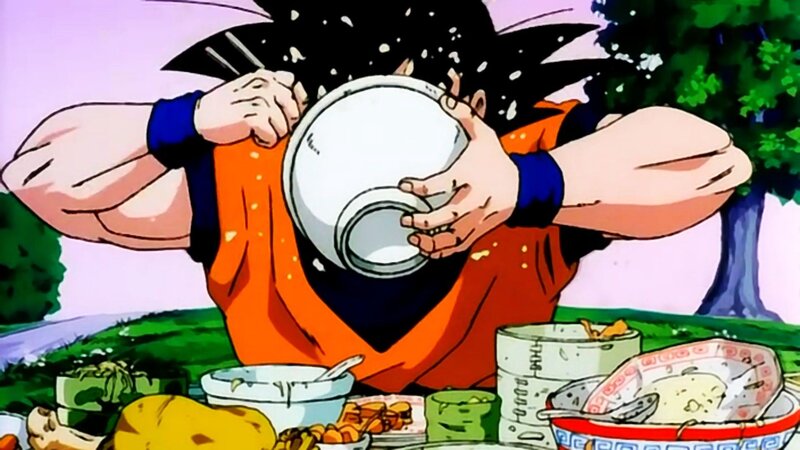 Goku eating a meal