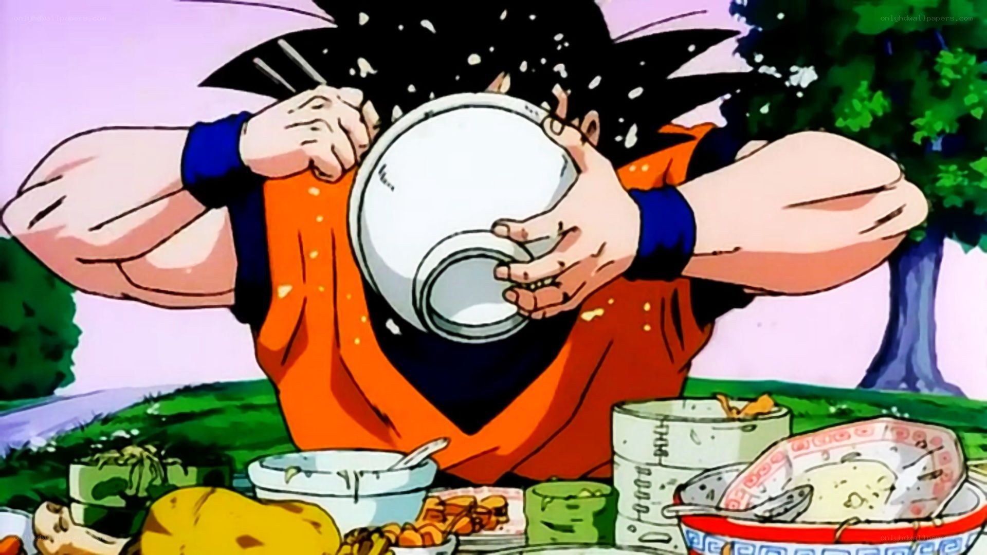 Goku eating a meal