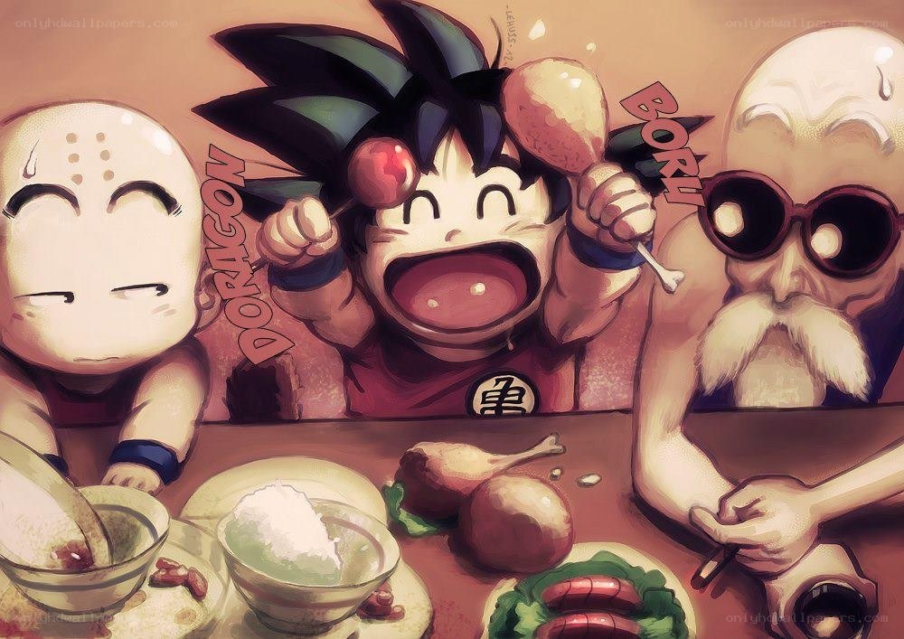 Goku eating chicken with friends
