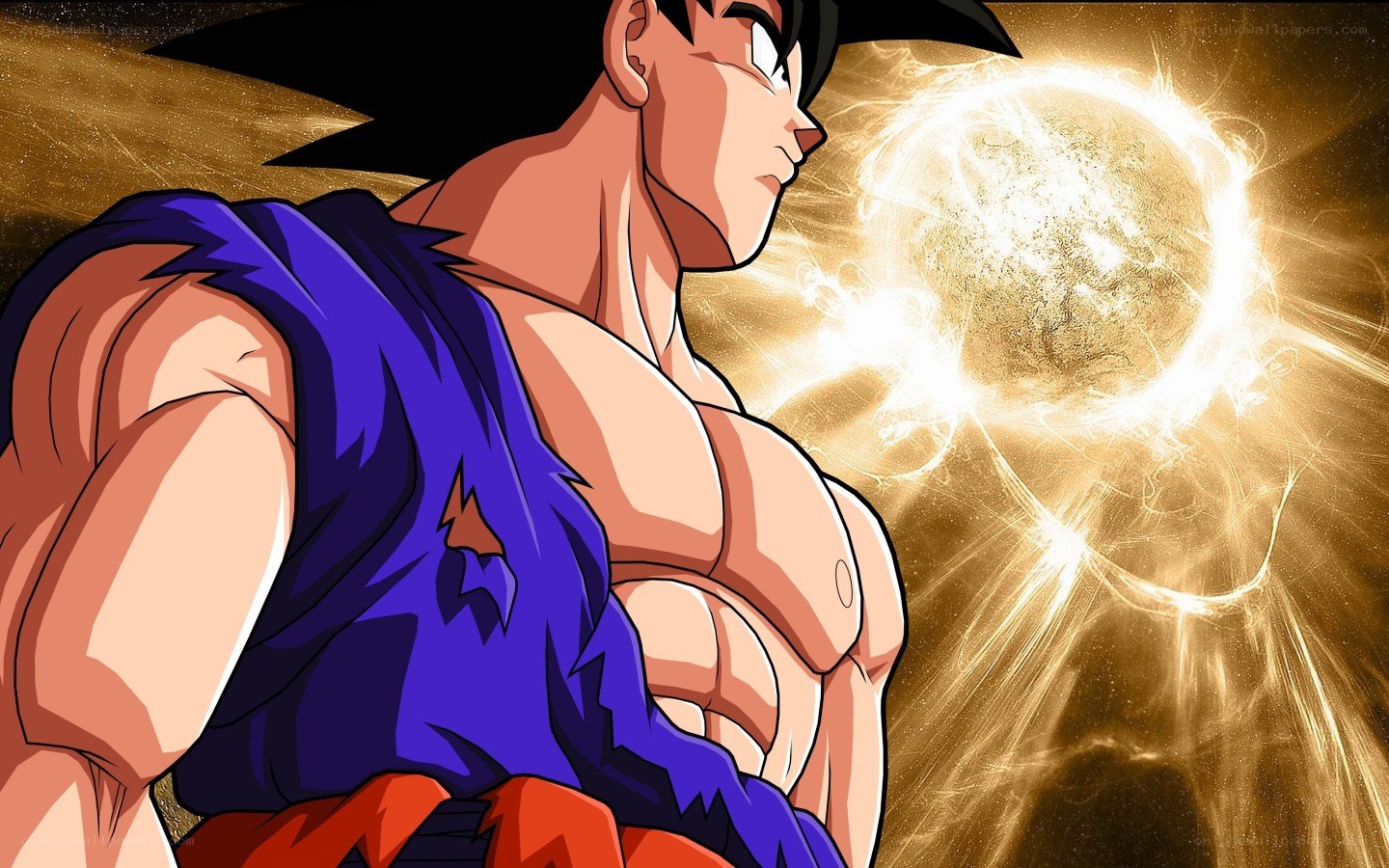 Goku facing a powerful energy sphere