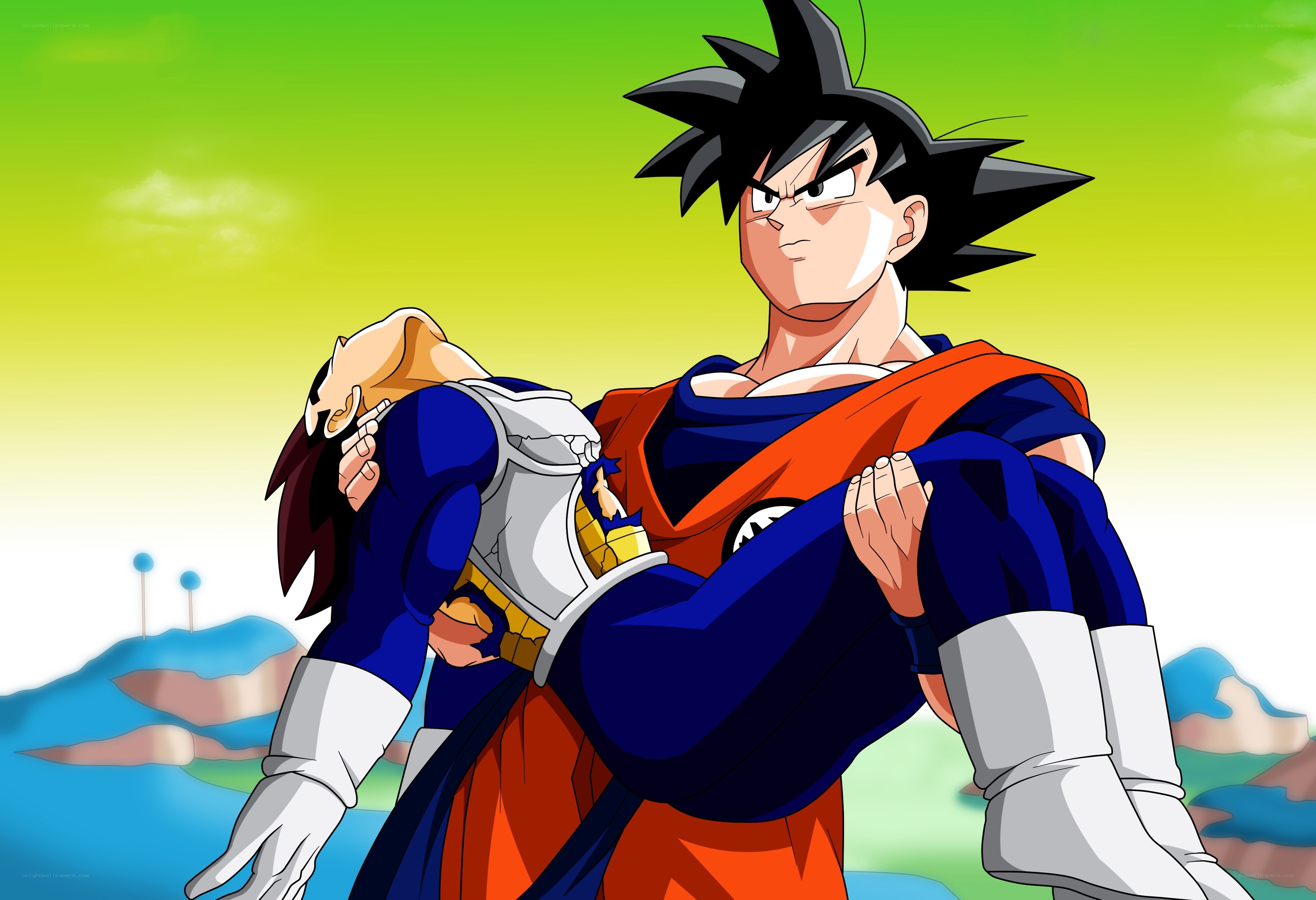 Goku holding defeated Vegeta