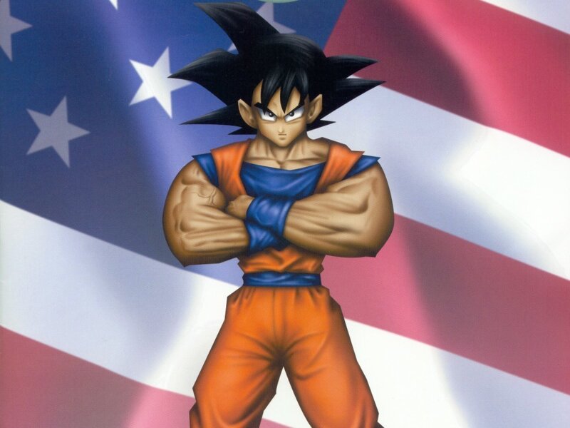 Goku in front of American flag