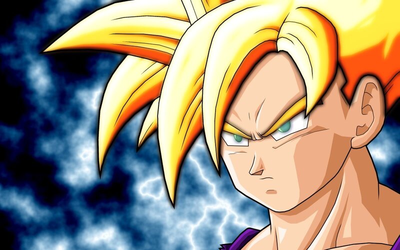 Goku in Super Saiyan Form — Yellow, Dramatic, Anime, Lightning, Clouds