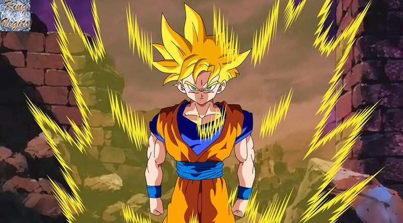 Goku in Super Saiyan Form — Yellow, Dramatic, Anime, Lightning, Ruins