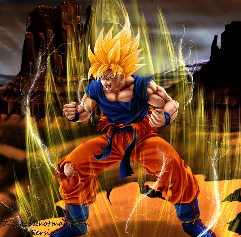 Goku in Super Saiyan Form — Yellow, Dramatic, Digital Art, Lightning, Rocks