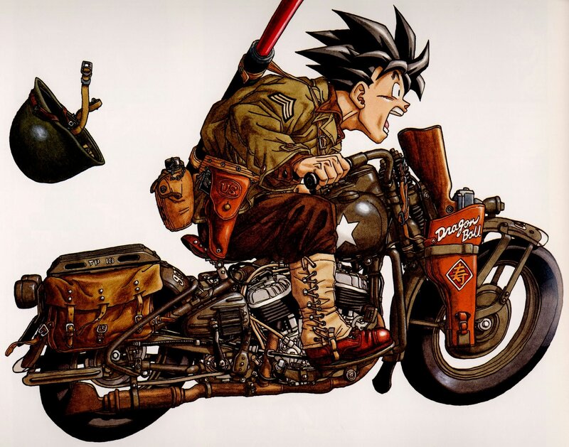 Goku on a military motorcycle