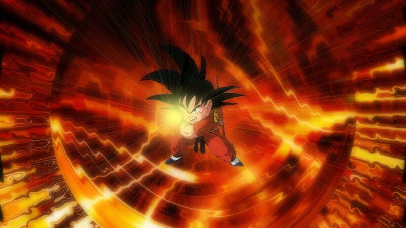 Goku powering up in a fiery aura