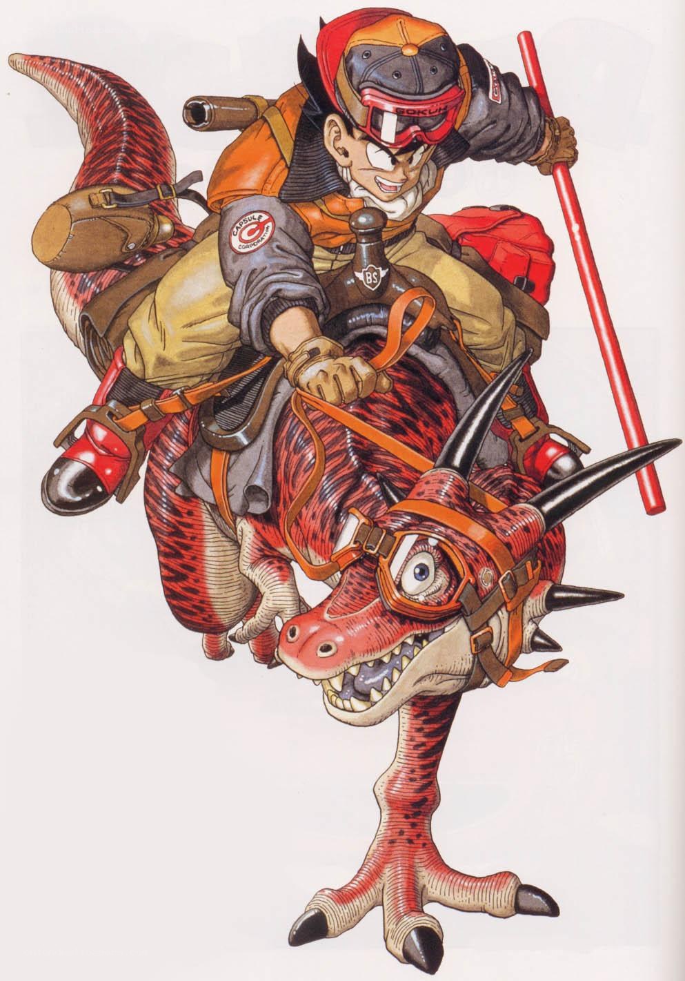 Goku riding a dinosaur