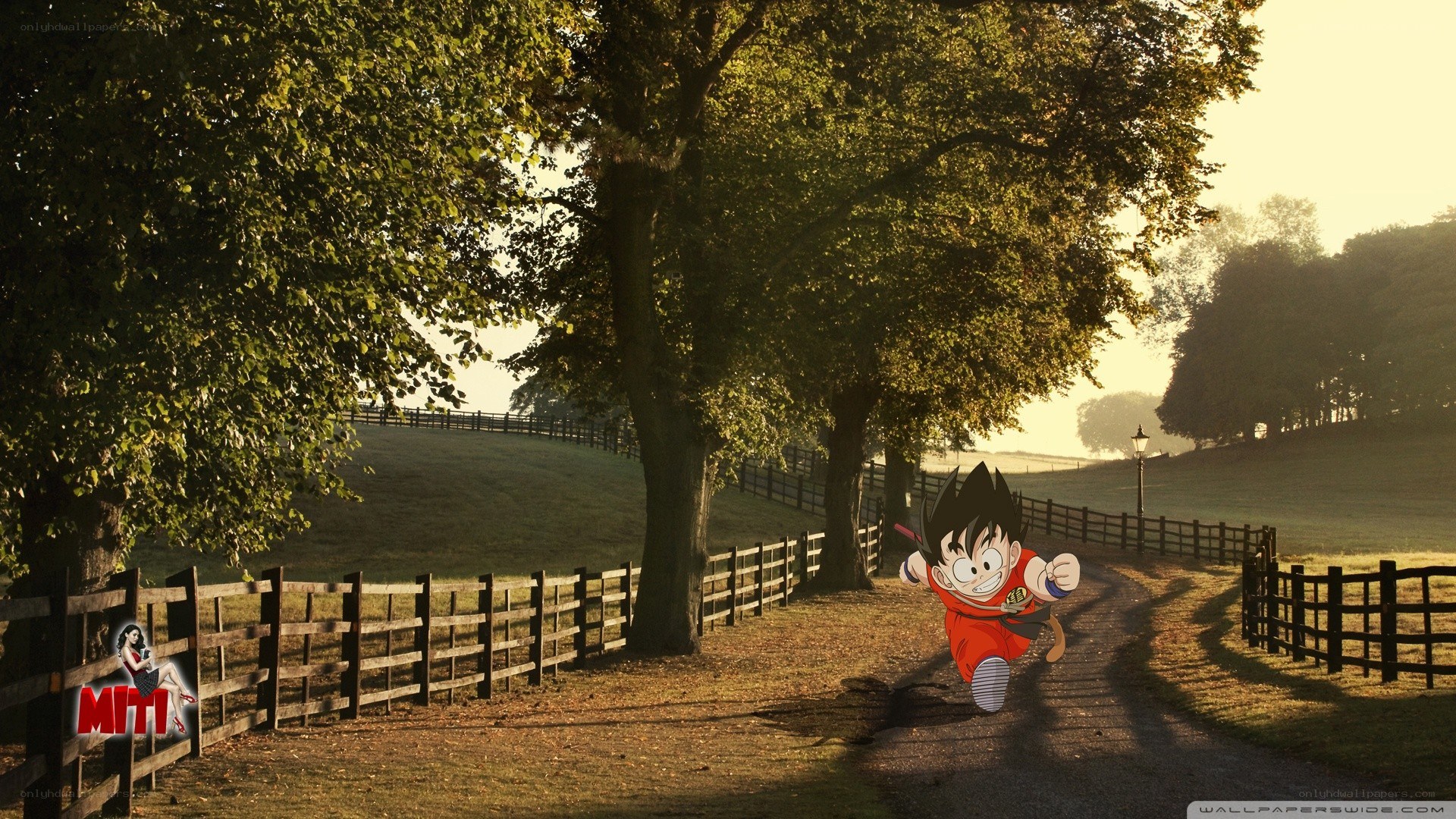 Goku running on a country path