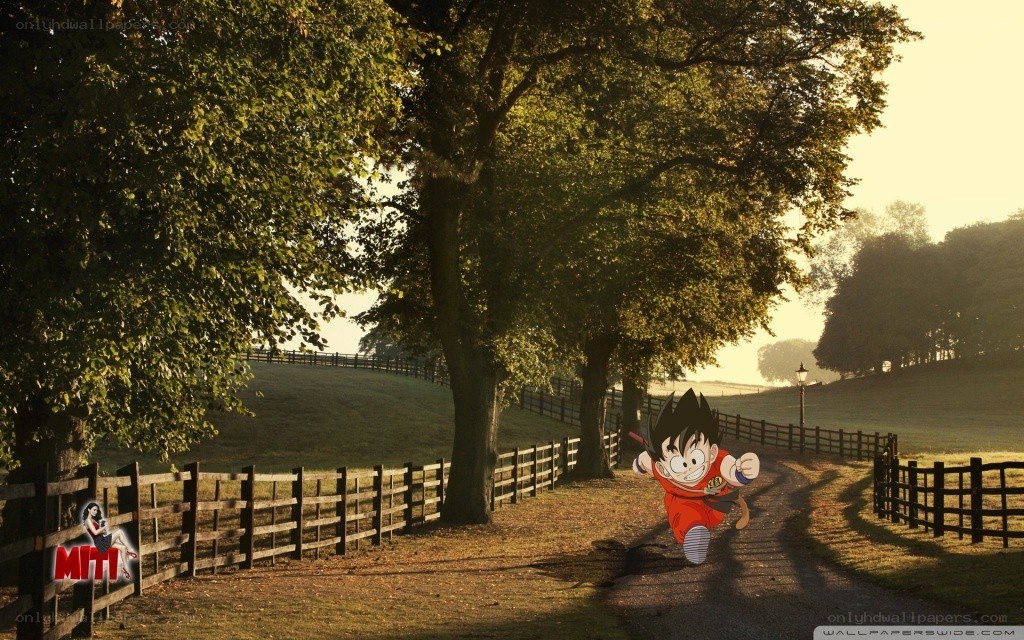 Goku running on a country path