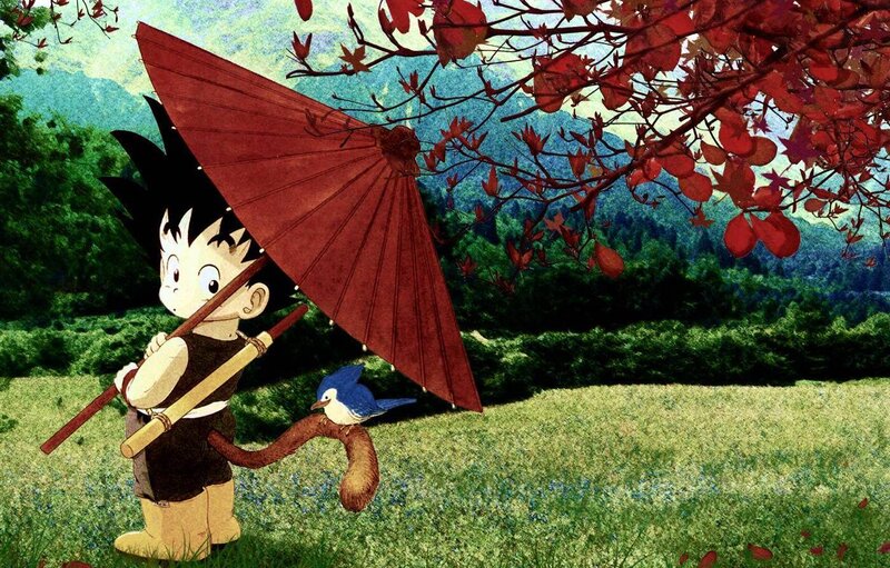 Goku with umbrella in autumn