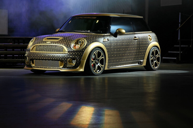 Gold and Black Mini Cooper — Dramatic, Night, Photograph