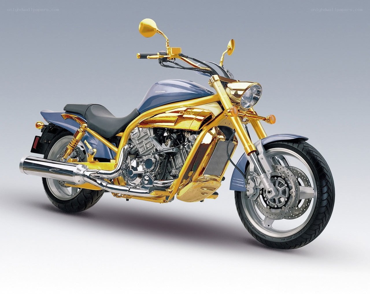 gold and blue custom motorcycle