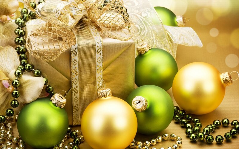 Gold and Green Ornaments — Festive, Winter, Photograph, Gift Box, Beads