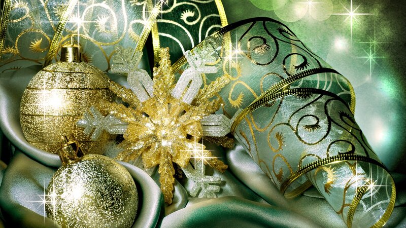 Gold and Green Ornaments — Festive, Winter, Photograph, Snowflake