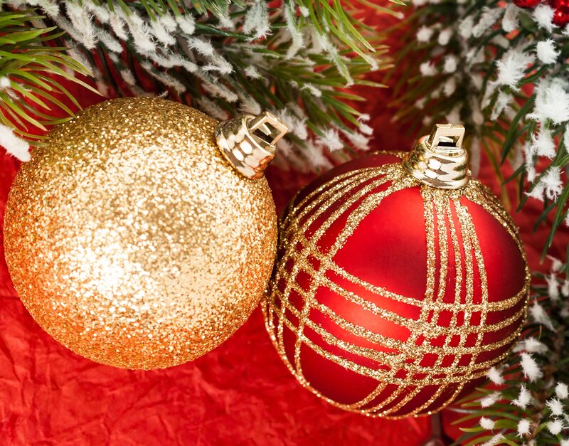 Gold and Red Ornaments — Festive, Winter, Photograph, Pine Branches