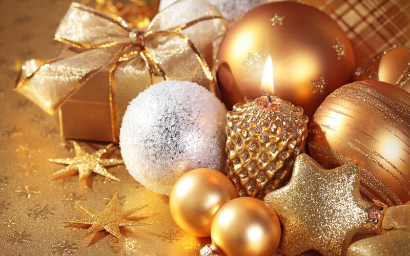 Gold and Silver Ornaments — Festive, Winter, Photograph, Candle, Gift Box