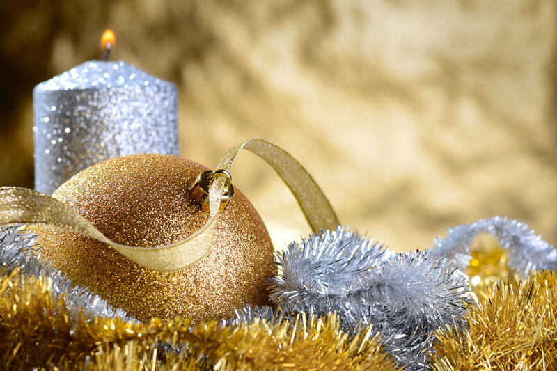 Gold and Silver Ornaments — Festive, Winter, Photograph, Candle, Tinsel