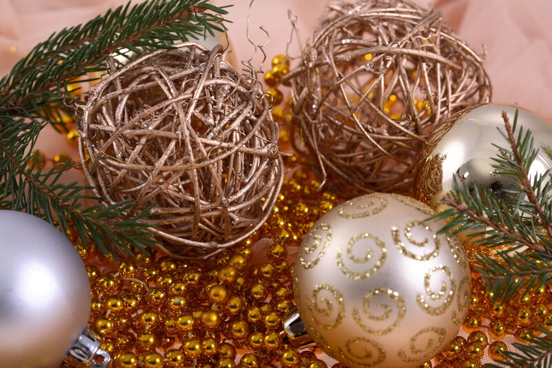 Gold and Silver Ornaments — Festive, Winter, Photograph, Pine Branches
