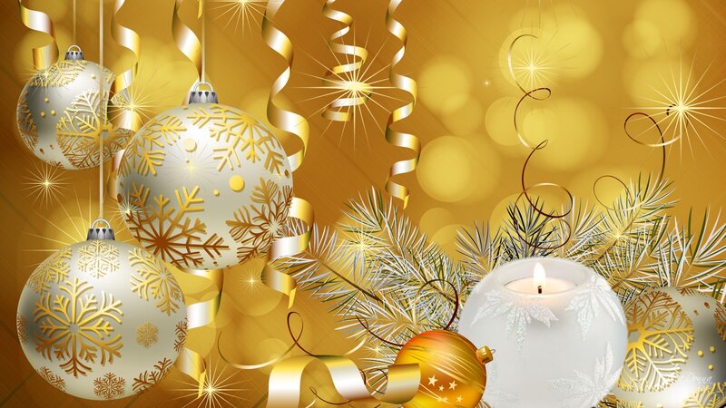 Gold and White Ornaments — Festive, Winter, Digital Art