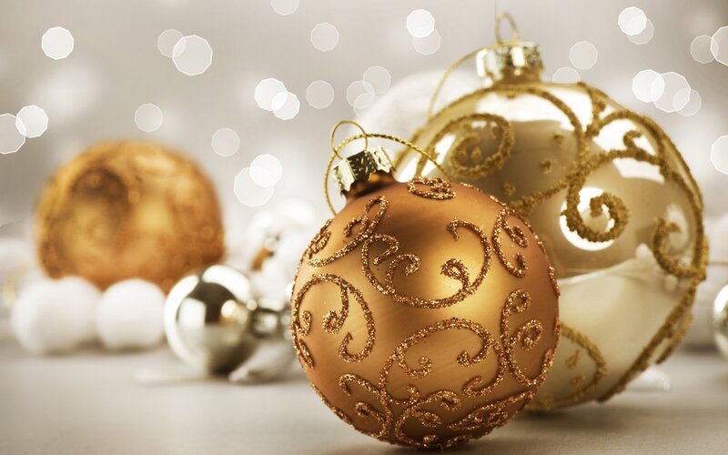 Gold and White Ornaments — Festive, Winter, Photograph, Bokeh, Glitter