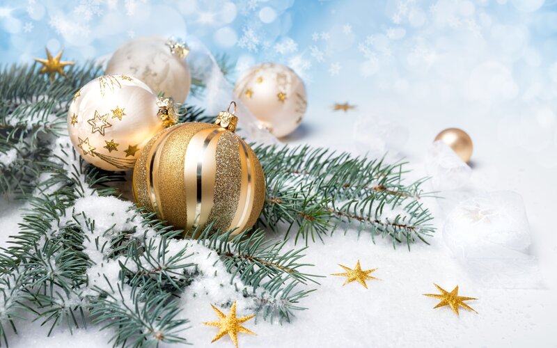 Gold and White Ornaments — Festive, Winter, Photograph, Pine Branches, Snow