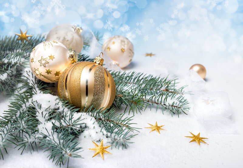 Gold and White Ornaments — Festive, Winter, Photograph, Pine Branches