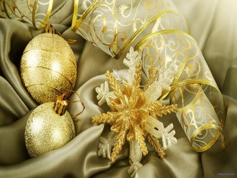 Gold and White Ornaments — Festive, Winter, Photograph, Ribbon