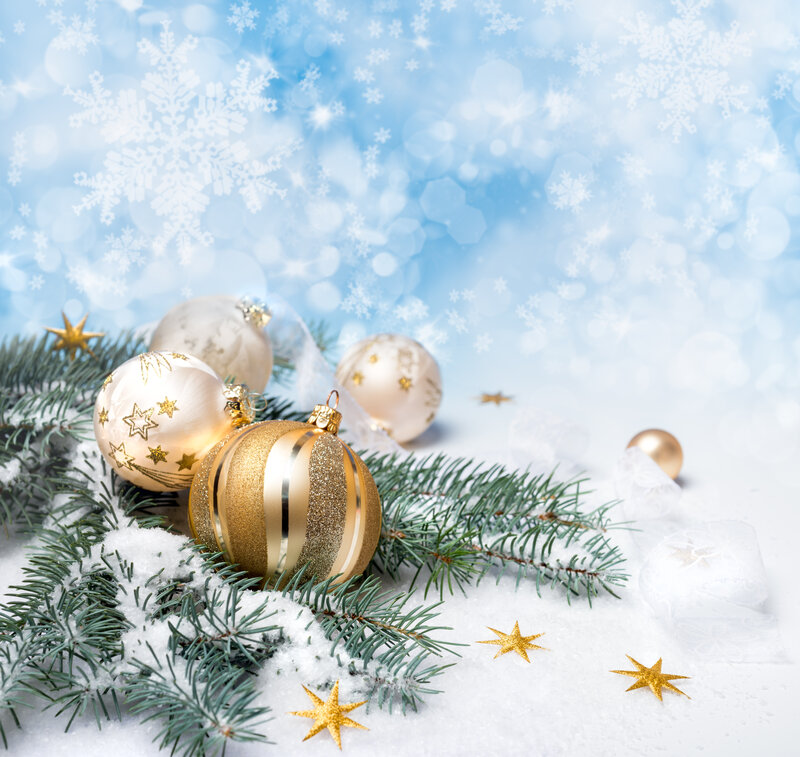Gold and White Ornaments — Festive, Winter, Photograph, Snow