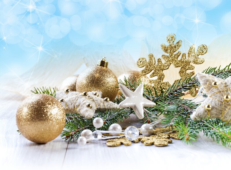 Gold and White Ornaments — Festive, Winter, Photograph, Snowflake, Star
