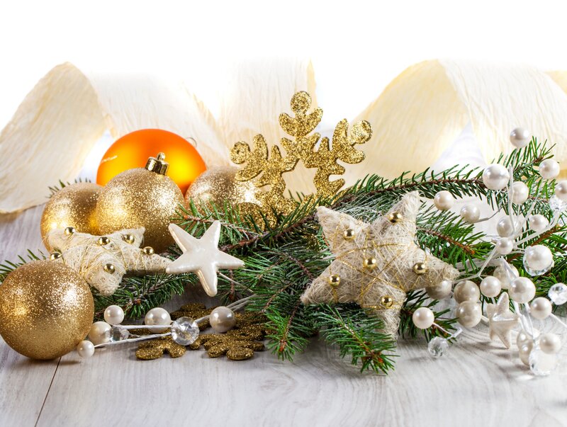 Gold and White Ornaments — Festive, Winter, Photograph, Snowflakes
