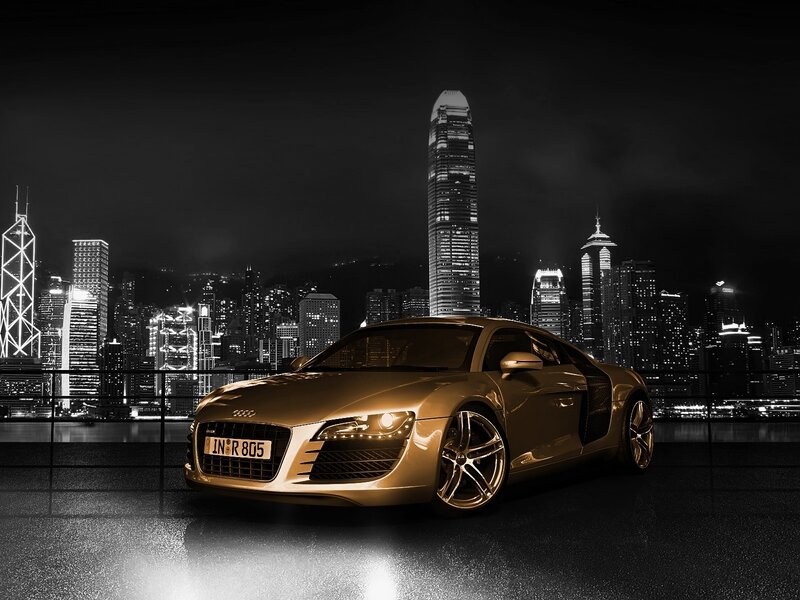 Gold Audi R8 at night
