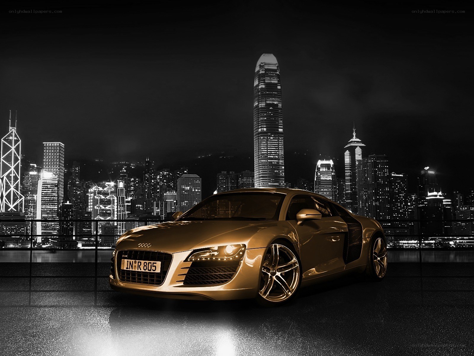 Gold Audi R8 at night