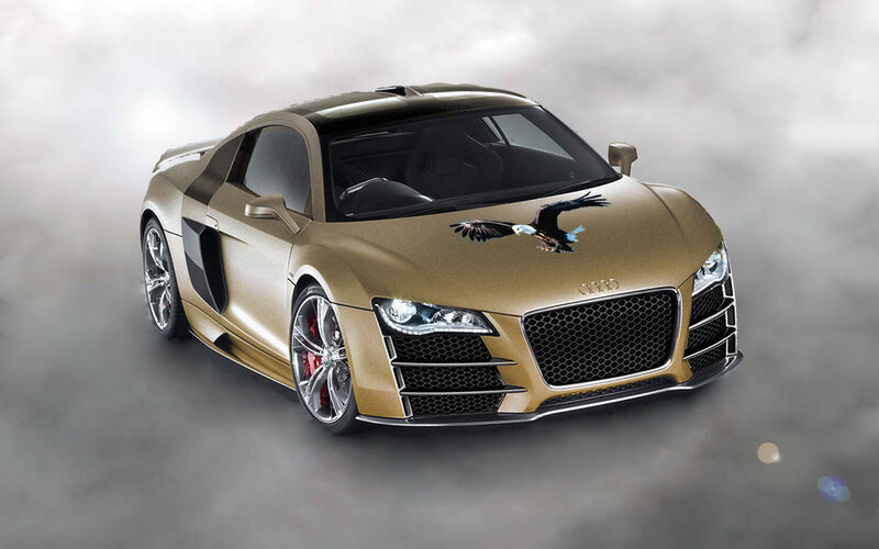 gold audi r8 with eagle decal