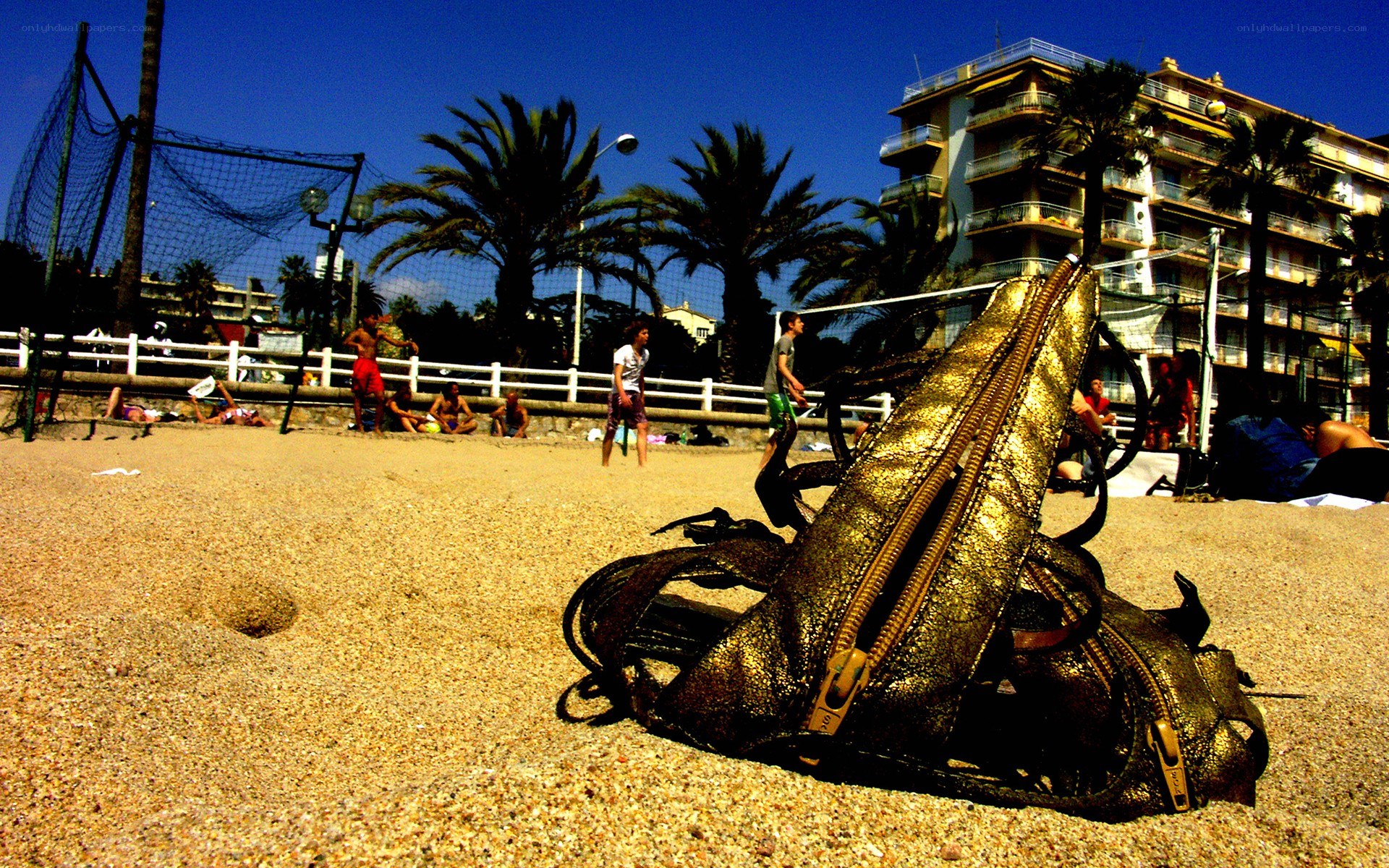 Gold bag on sandy beach