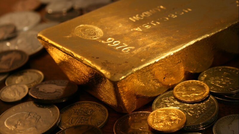 Gold Bar and Coins — Dramatic