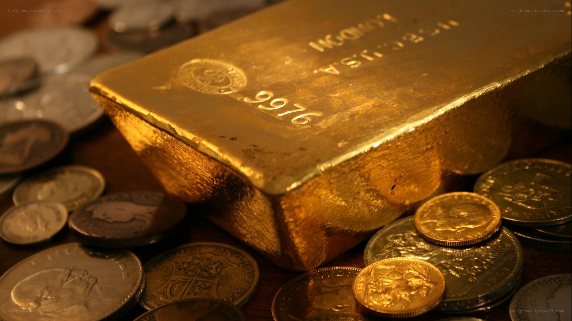 Gold bar and coins