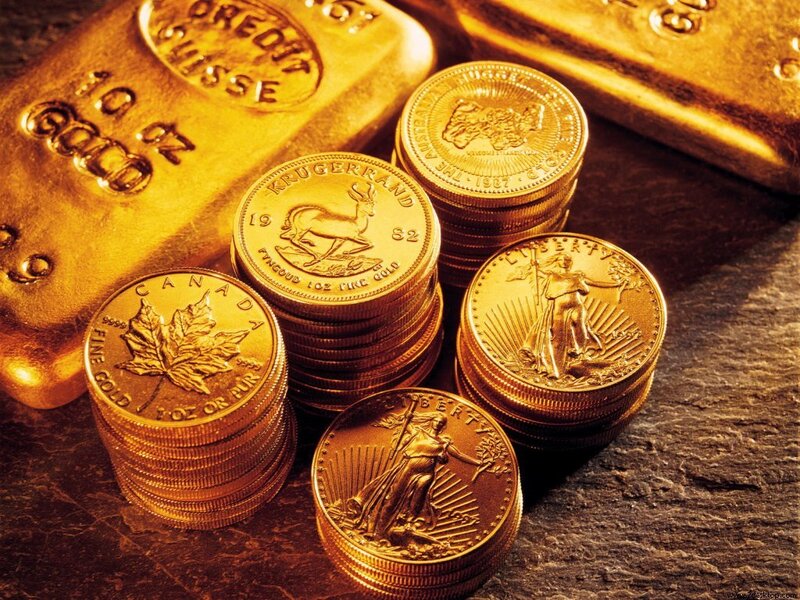 Gold Bars and Coins — Dramatic, Photograph, Stone Surface