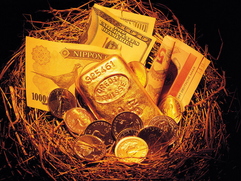 Gold Bars and Currency — Yellow, Dramatic