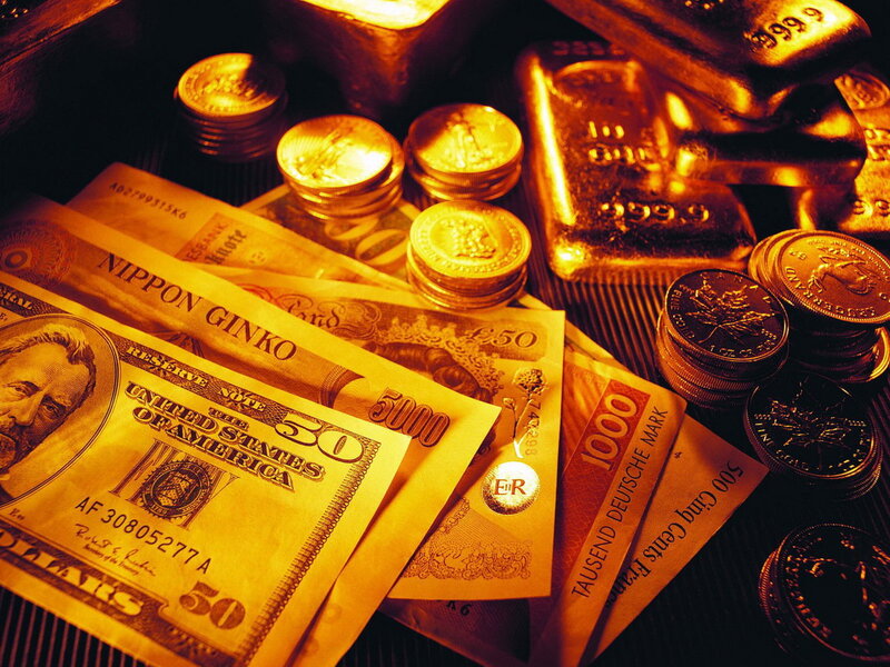 Gold Bars and Currency — Yellow
