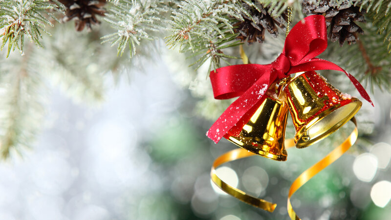 Gold Bells on Pine Branch — Green, Festive