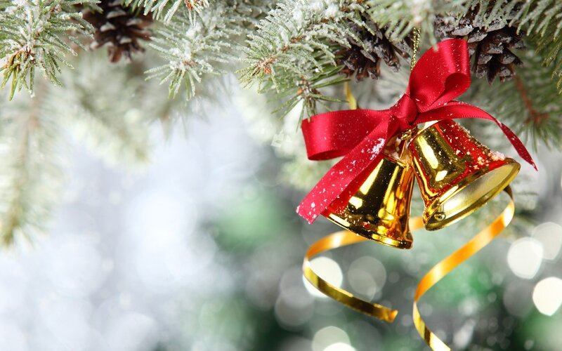Gold Bells on Pine Branch — Green, Festive, Winter