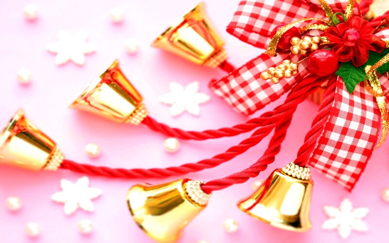 Gold Bells on Red Ribbon
