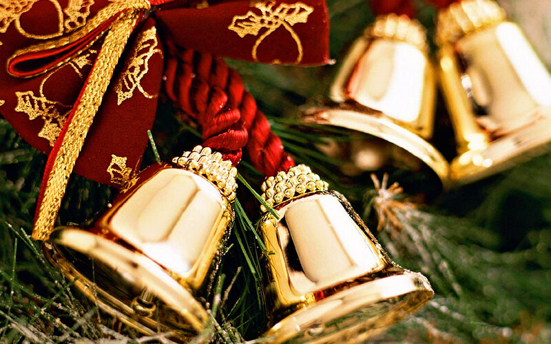 Gold Bells on Wreath — Green, Festive, Winter