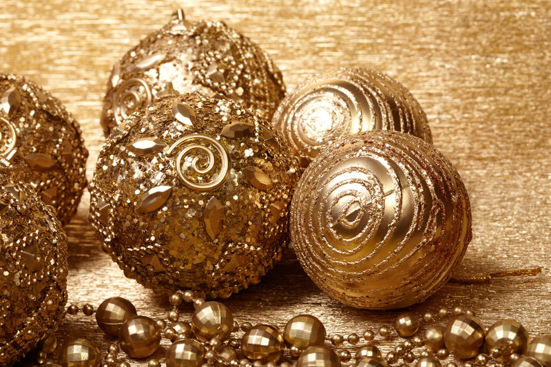 Gold Christmas Ornaments — Festive, Photograph, Beads, Glitter